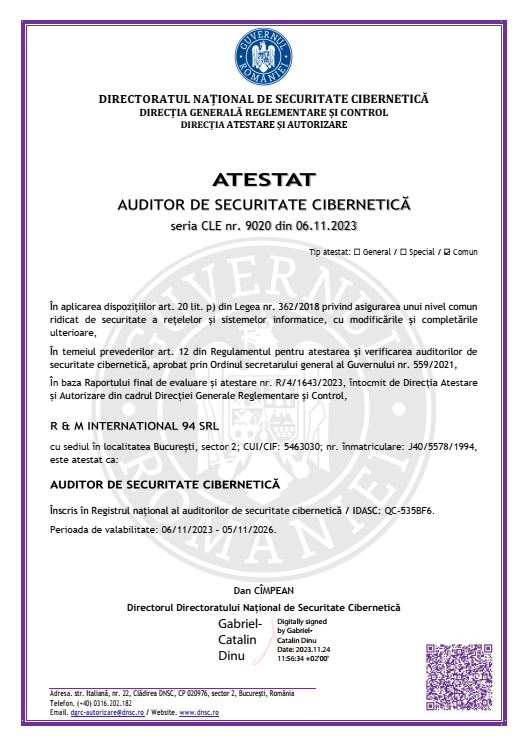 Certificat - Atestat DNSC #9020 - Auditor de Securitate Cibernetica