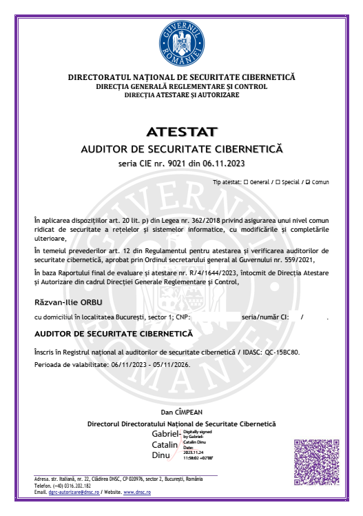 Certificat - Atestat DNSC #9021 - Auditor de Securitate Cibernetica